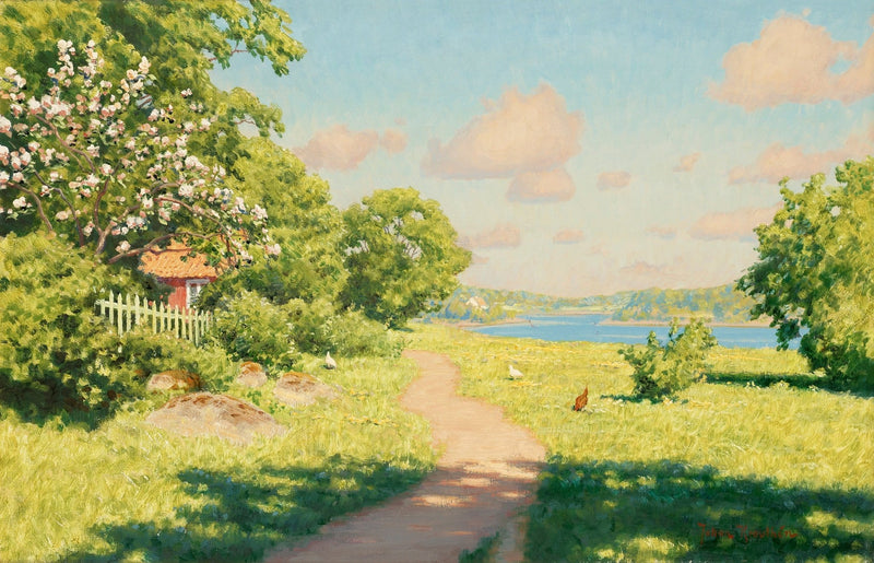 Sunny Garden Path by the Lake – Hand - Painted Landscape Oil Painting - Oil Painting Haven