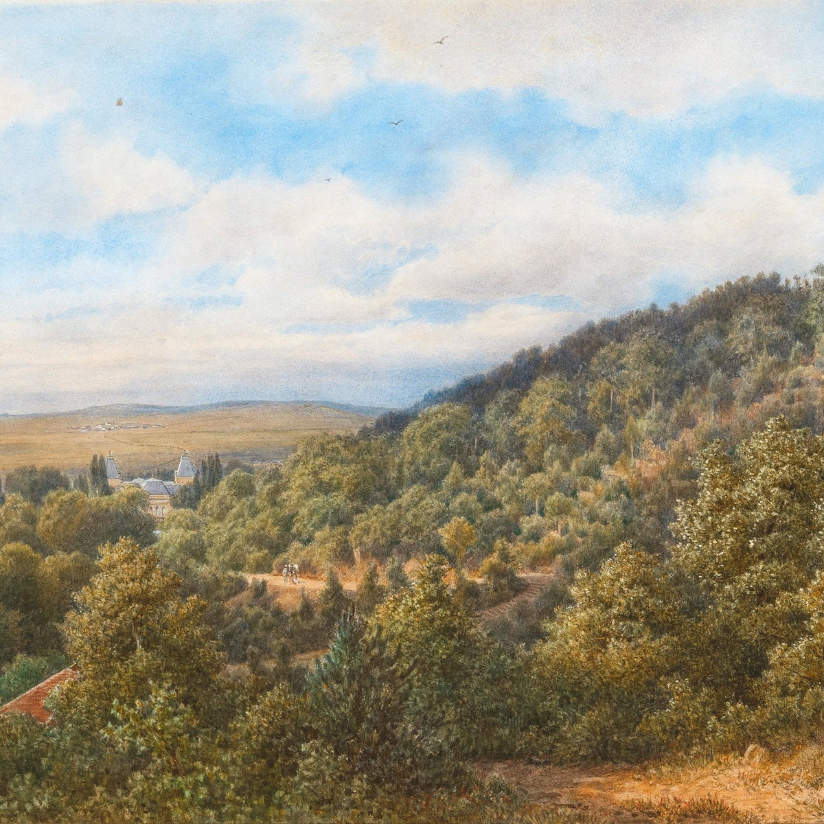 Hand-painted sunny hillside overlooking village landscape oil painting on canvas