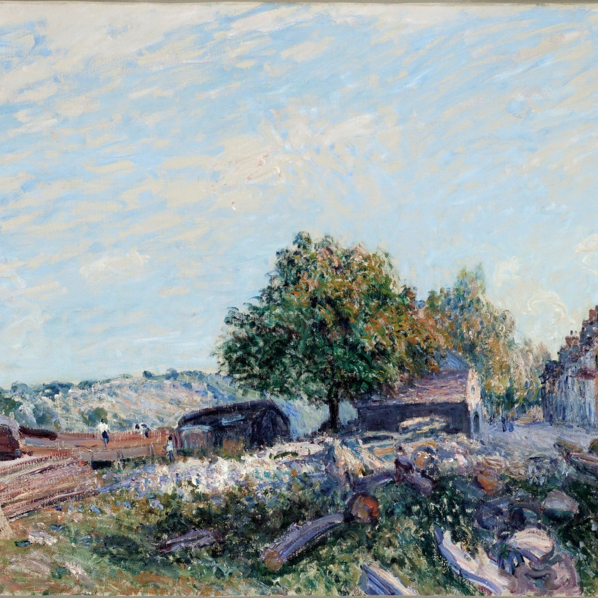 Sunny Village Street and Riverbank - Landscape Oil Painting - Oil Painting Haven