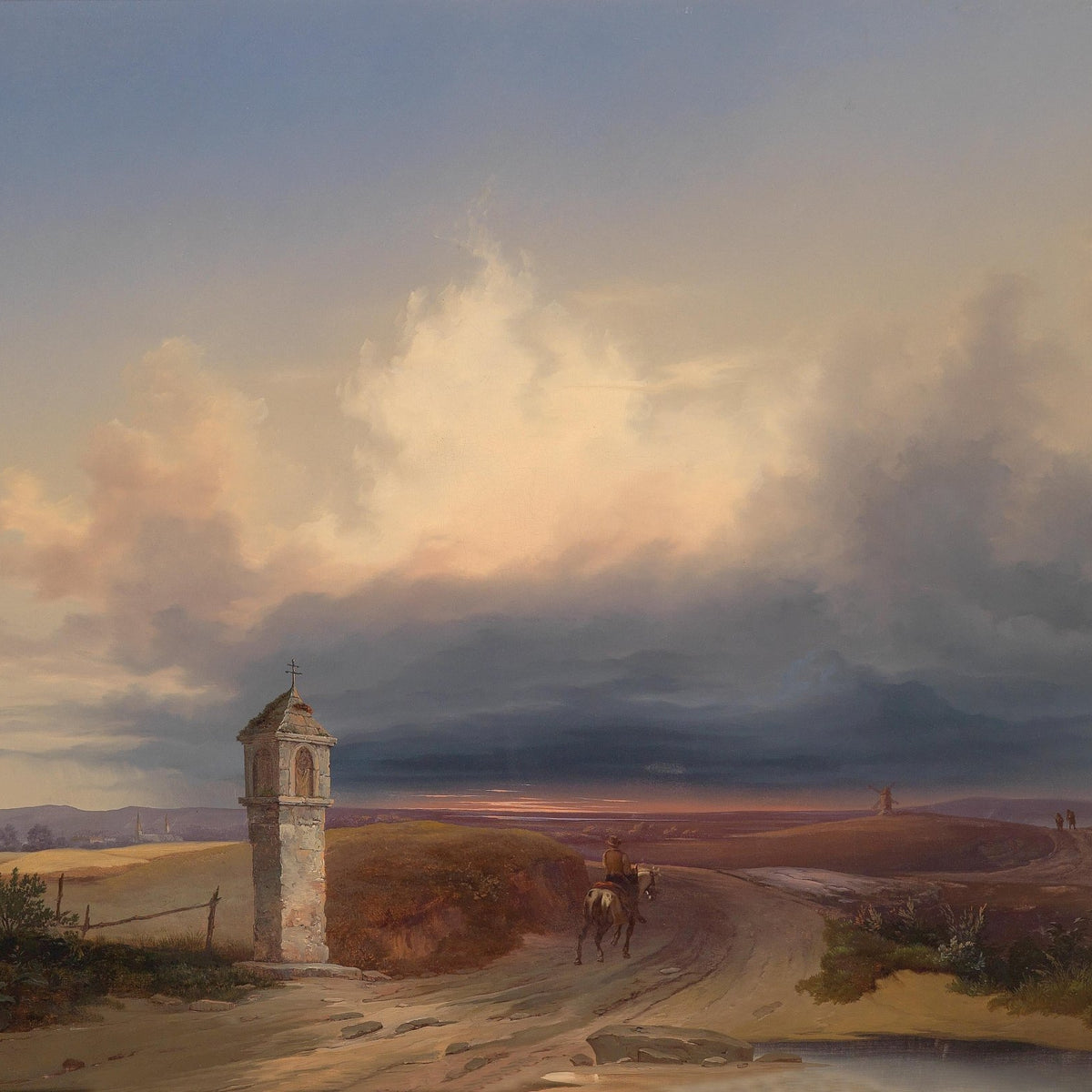 Sunset Country Road with Shrine - Landscape Oil Painting - Oil Painting Haven