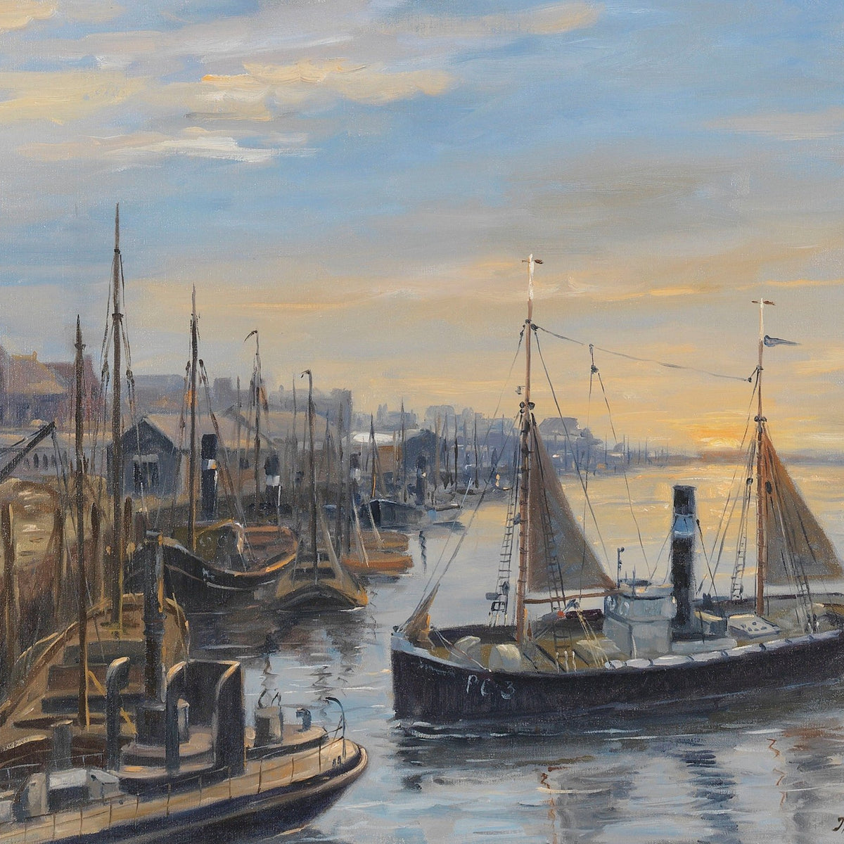 Hand-painted sunset harbor boats and dock nautical oil painting on canvas