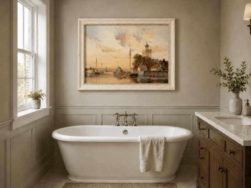 Framed hand-painted sunset harbor oil painting with sailboats and a waterfront tower displayed above a freestanding bathtub.