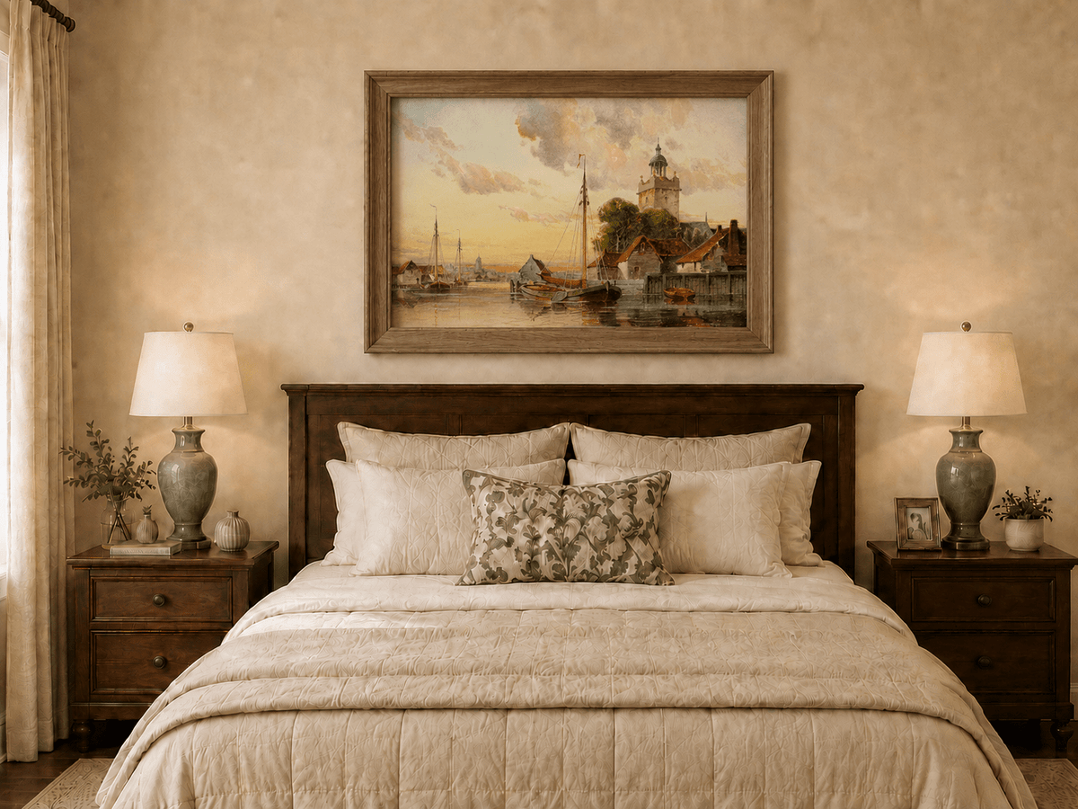 Framed hand-painted sunset harbor oil painting with sailboats and a waterfront tower displayed above a wooden bed in a neutral bedroom.