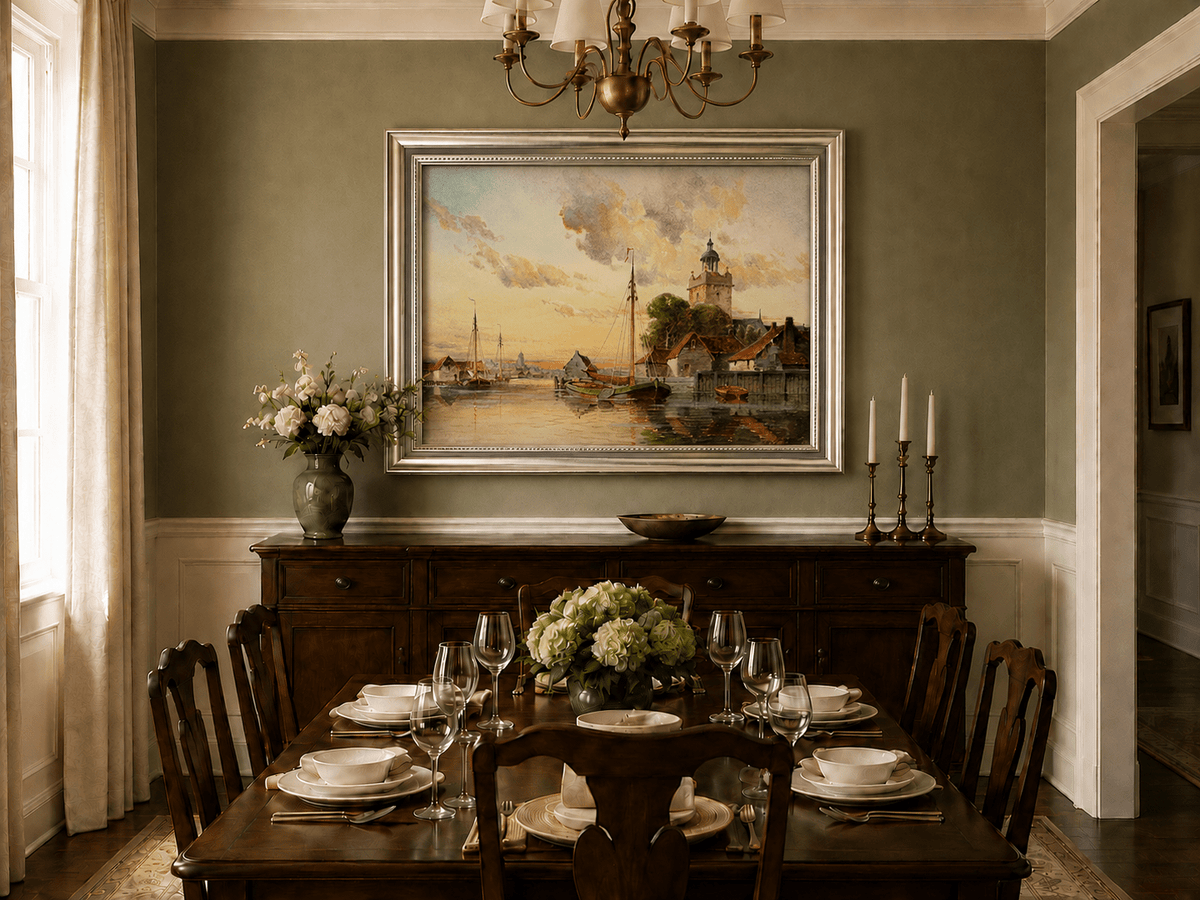 Framed hand-painted sunset harbor oil painting with sailboats and a waterfront tower displayed above a formal dining table.