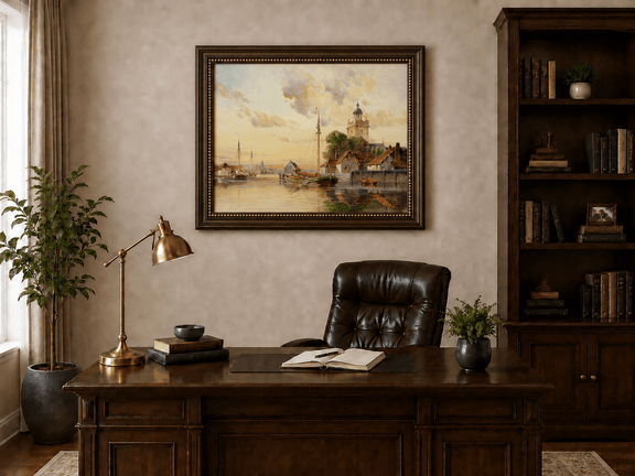 Framed hand-painted sunset harbor oil painting with sailboats and a waterfront tower displayed above a traditional home office desk.