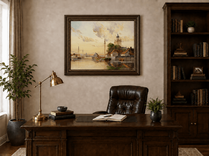 Framed hand-painted sunset harbor oil painting with sailboats and a waterfront tower displayed above a traditional home office desk.