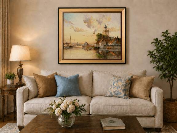 Framed hand-painted sunset harbor oil painting with sailboats and a waterfront tower displayed above a neutral living room sofa.