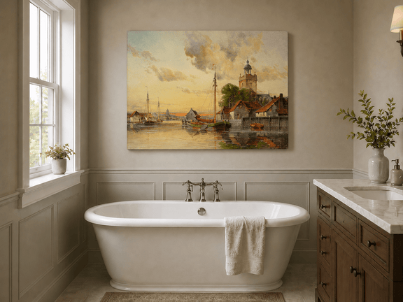 Unframed hand-painted sunset harbor oil painting with sailboats and a waterfront tower displayed above a freestanding bathtub.