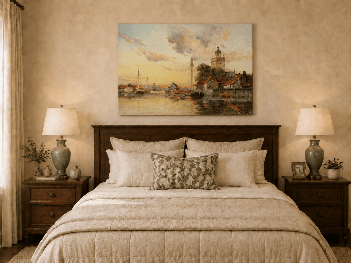 Unframed hand-painted sunset harbor oil painting with sailboats and a waterfront tower displayed above a wooden bed in a neutral bedroom.