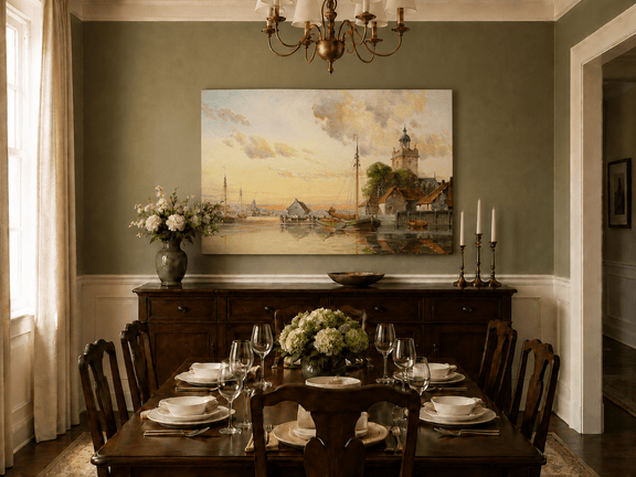 Unframed hand-painted sunset harbor oil painting with sailboats and a waterfront tower displayed above a formal dining table.