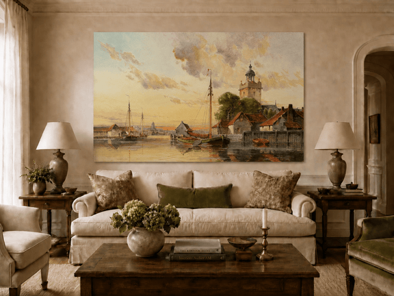 Unframed hand-painted sunset harbor oil painting with sailboats and a waterfront tower displayed above a neutral living room sofa.