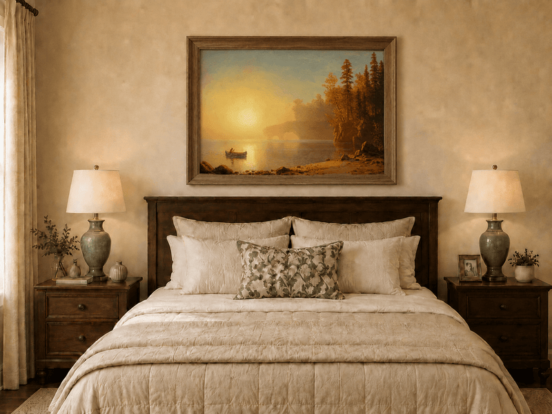 Framed hand-painted sunset lake oil painting with a canoe on glowing water displayed above a wooden bed in a neutral bedroom.