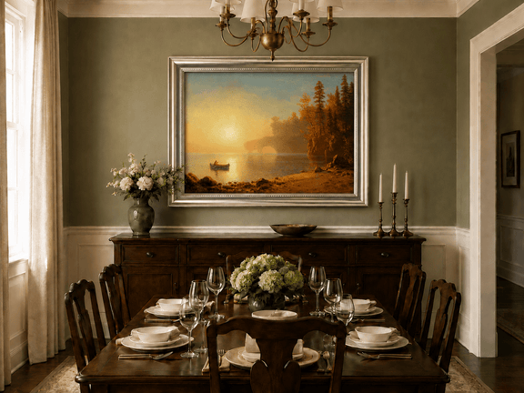 Framed hand-painted sunset lake oil painting with a canoe on glowing water displayed above a formal dining table.