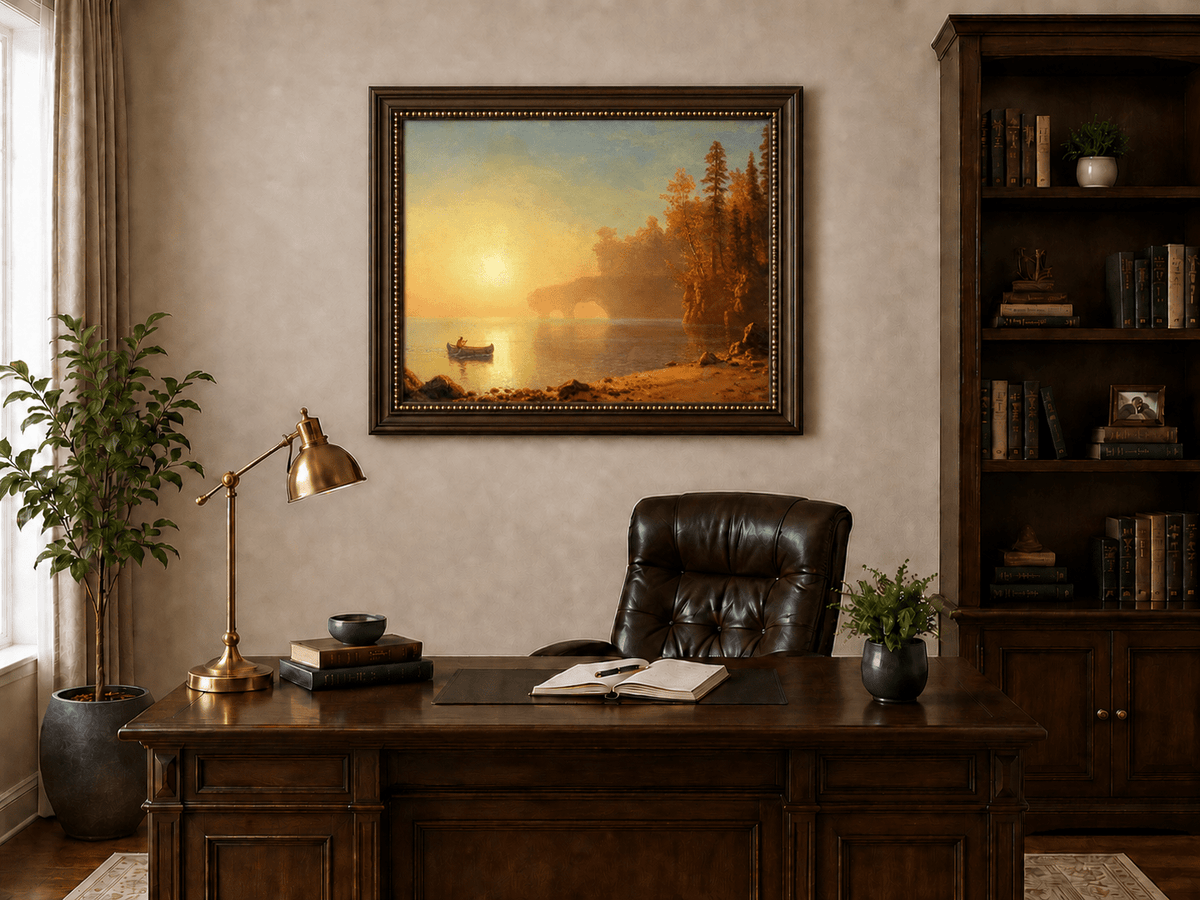 Framed hand-painted sunset lake oil painting with a canoe on glowing water displayed above a traditional home office desk.