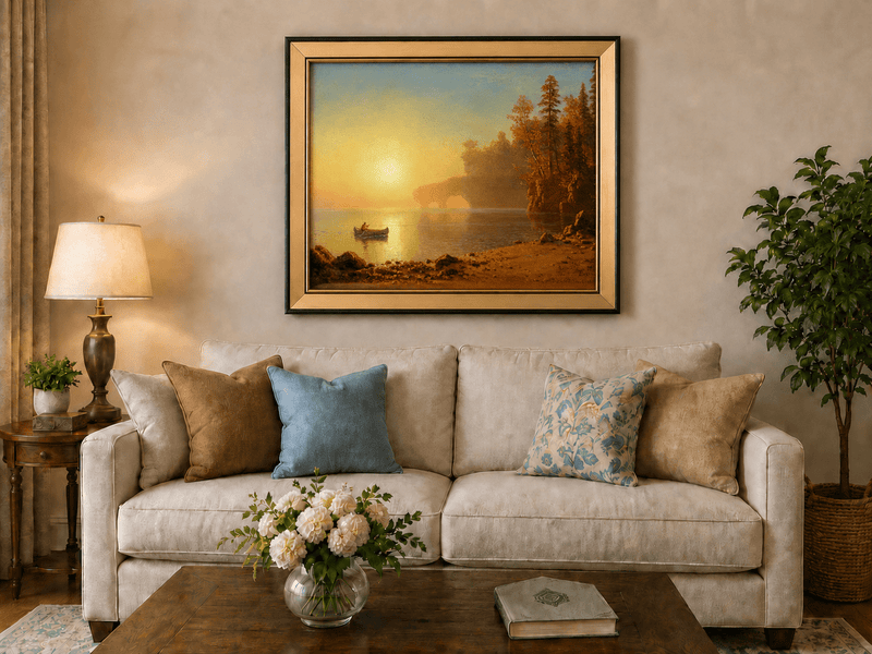 Framed hand-painted sunset lake oil painting with a canoe on glowing water displayed above a neutral living room sofa.