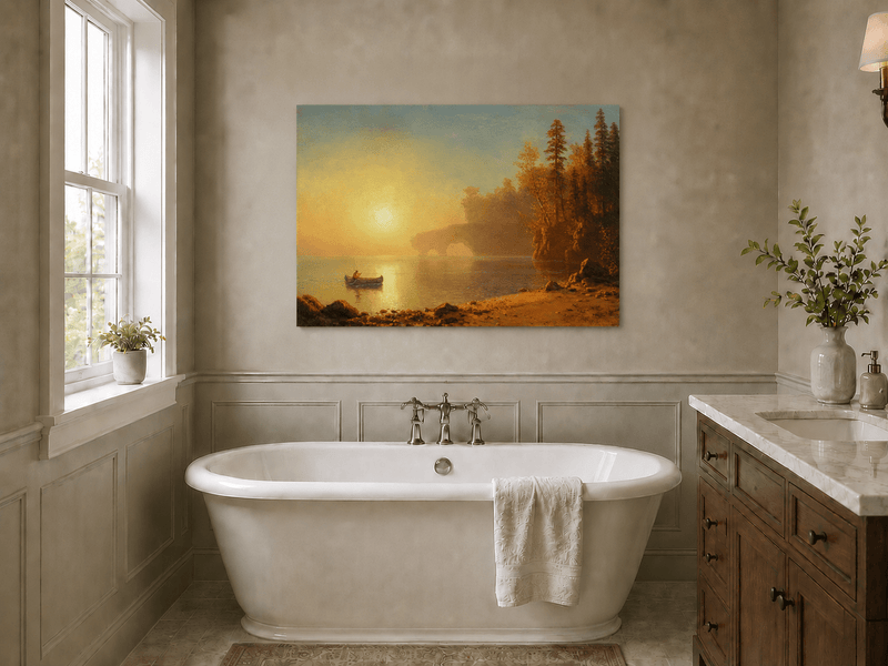 Unframed hand-painted sunset lake oil painting with a canoe on glowing water displayed above a freestanding bathtub.