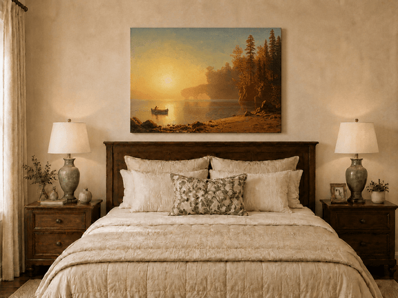Unframed hand-painted sunset lake oil painting with a canoe on glowing water displayed above a wooden bed in a neutral bedroom.