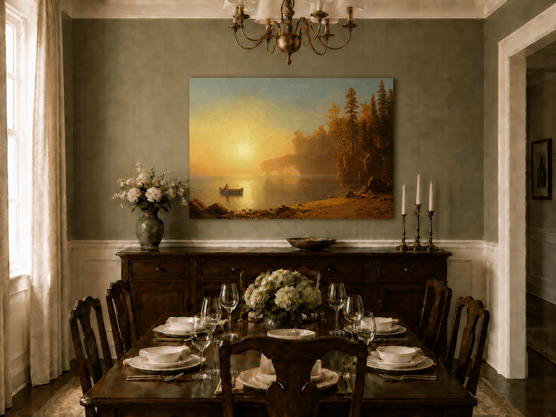 Unframed hand-painted sunset lake oil painting with a canoe on glowing water displayed above a formal dining table.