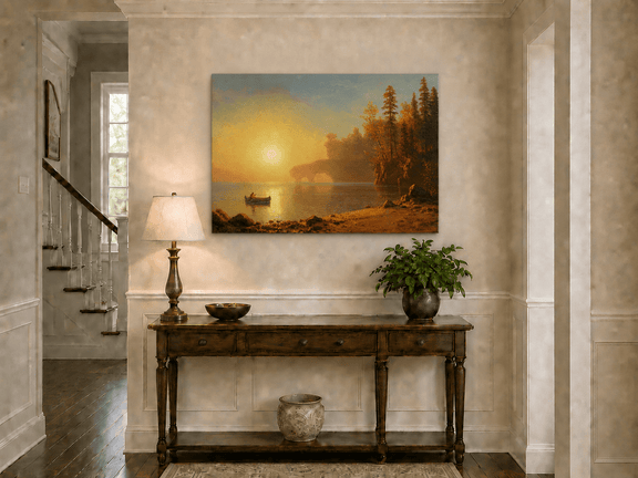 Unframed hand-painted sunset lake oil painting with a canoe on glowing water displayed above an entryway console table.