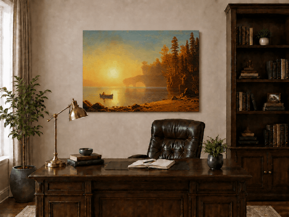 Unframed hand-painted sunset lake oil painting with a canoe on glowing water displayed above a traditional home office desk.