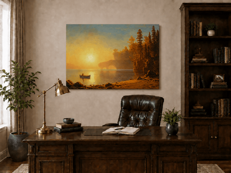 Unframed hand-painted sunset lake oil painting with a canoe on glowing water displayed above a traditional home office desk.