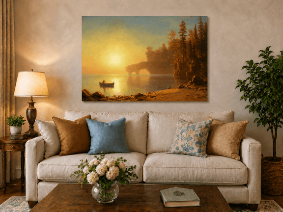 Unframed hand-painted sunset lake oil painting with a canoe on glowing water displayed above a neutral living room sofa.