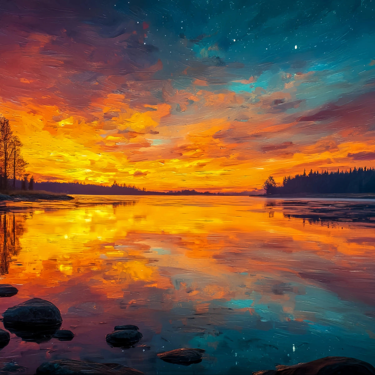 Sunset Lake Forest Original Oil Painting For Sale - Oil Painting Haven