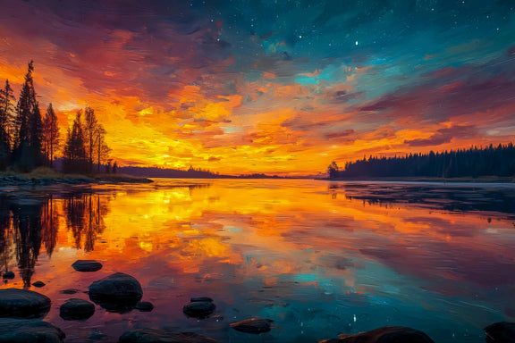 Sunset Lake Forest Original Oil Painting For Sale - Oil Painting Haven