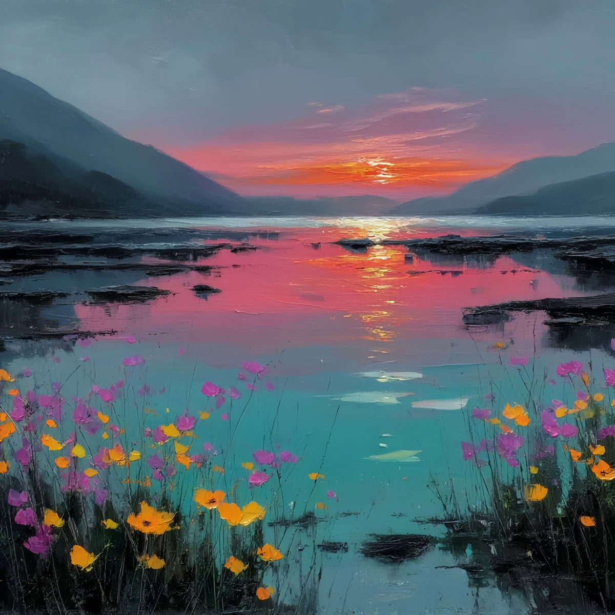 Sunset Lake Wildflowers Original Oil Painting For Sale - Oil Painting Haven