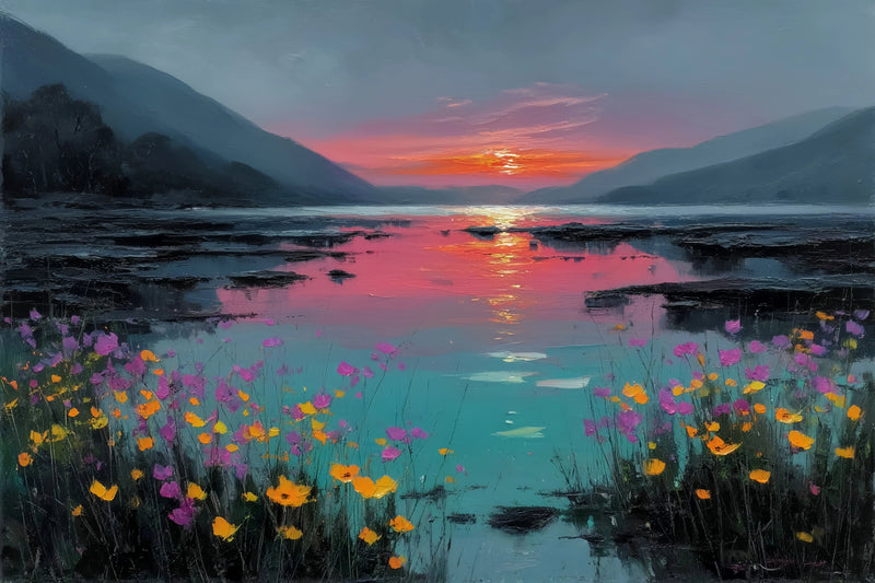 Sunset Lake Wildflowers Original Oil Painting For Sale - Oil Painting Haven