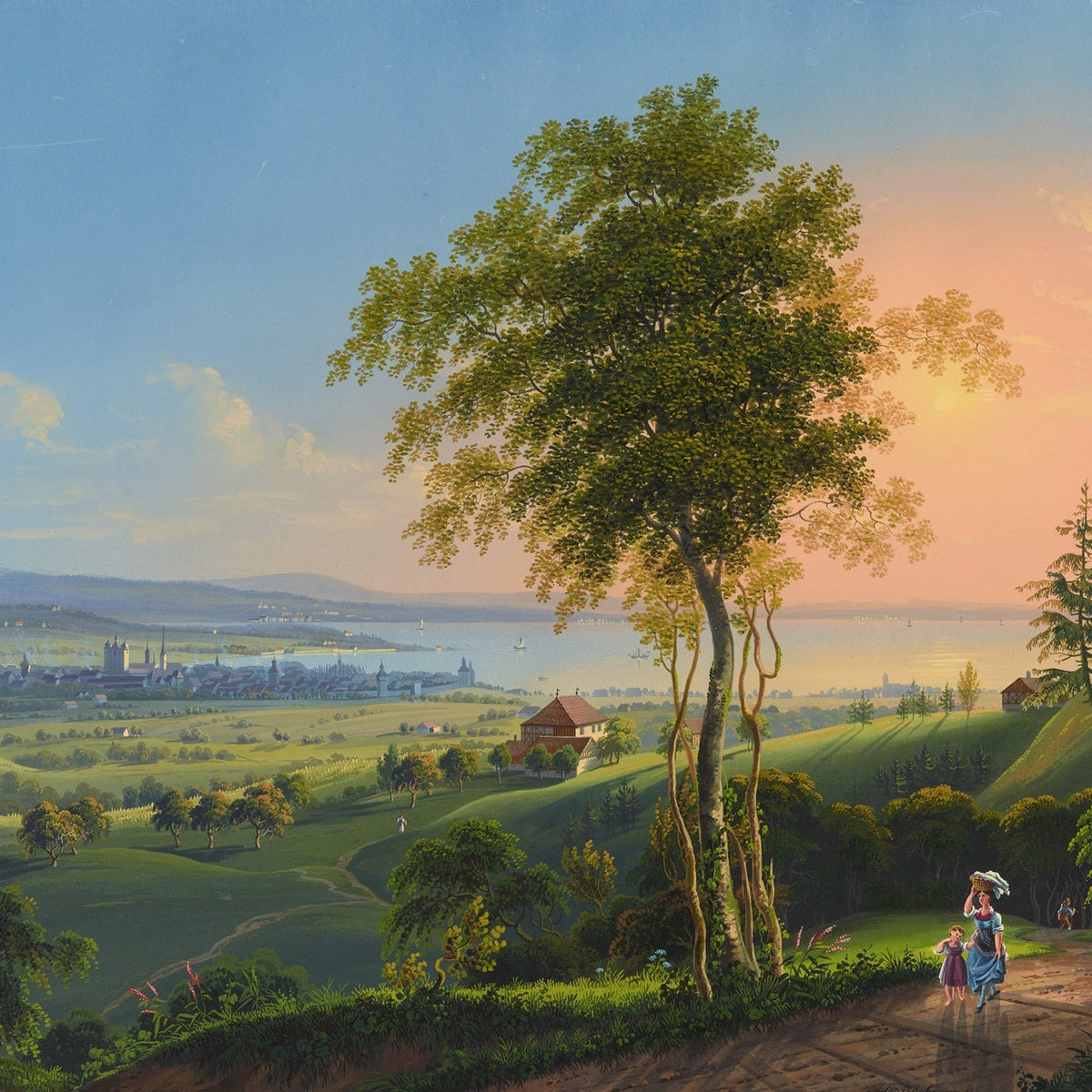 Sunset Lakeside Town and Valley View - Landscape Oil Painting - Oil Painting Haven