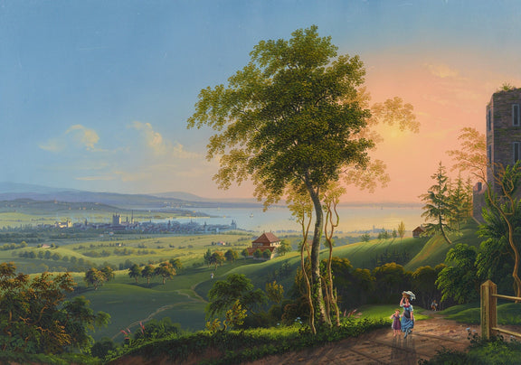 Sunset Lakeside Town and Valley View - Landscape Oil Painting - Oil Painting Haven