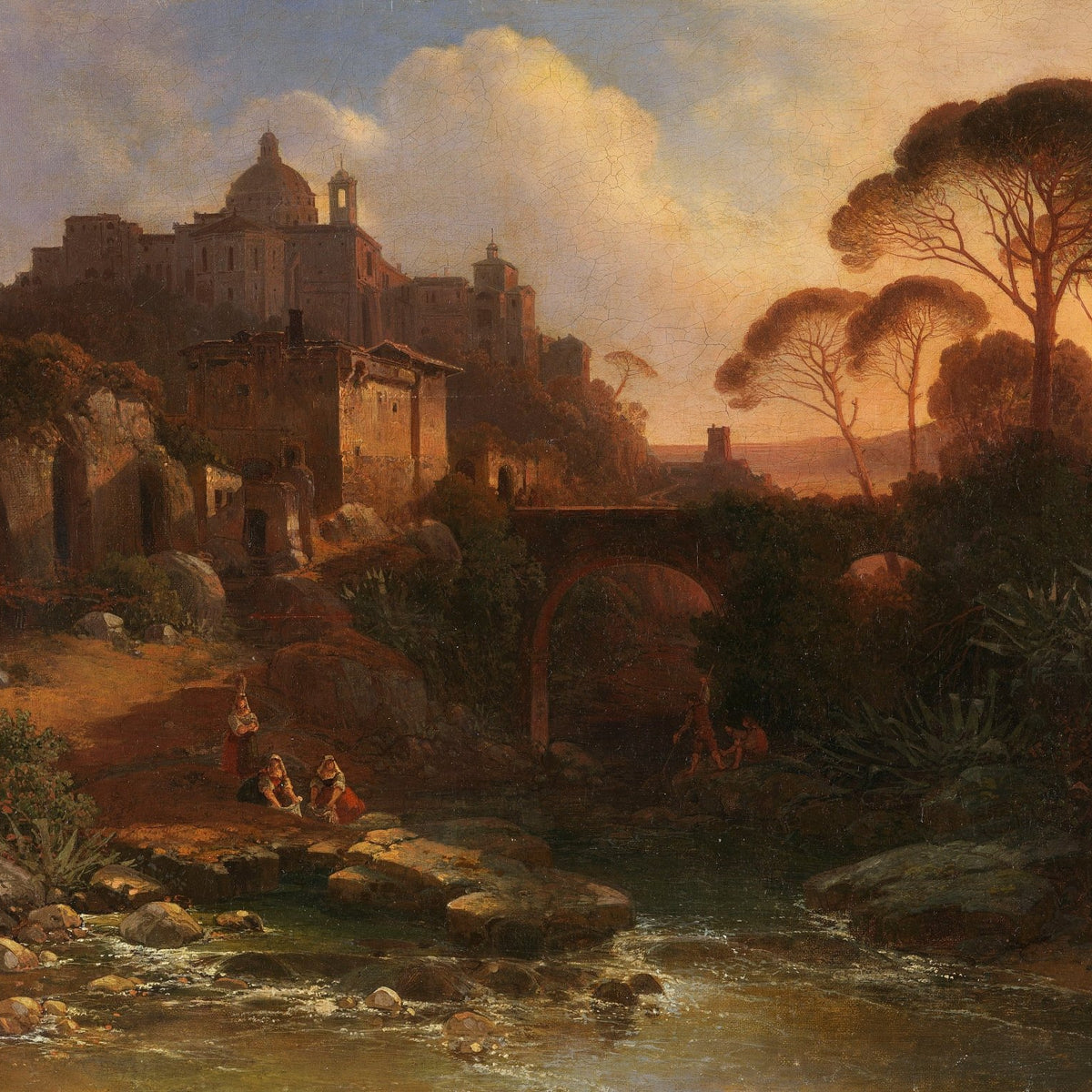 Sunset Landscape, Hilltop City, Bridge, River – Landscape Oil Painting - Oil Painting Haven