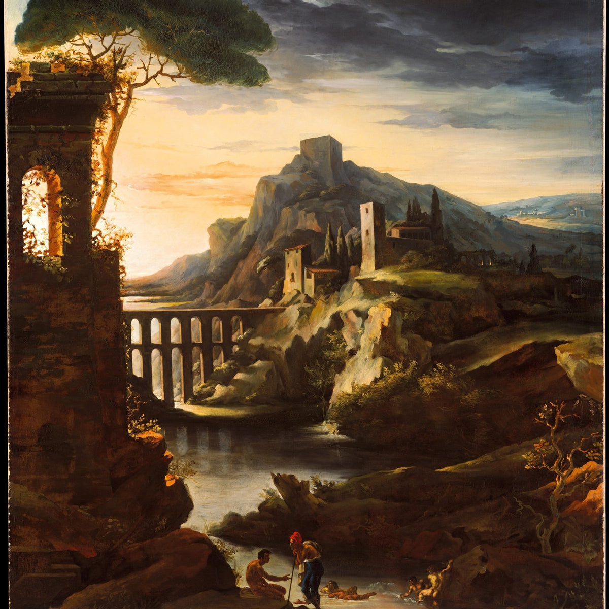 Sunset Mountain Village and Aqueduct - Landscape Oil Painting - Oil Painting Haven