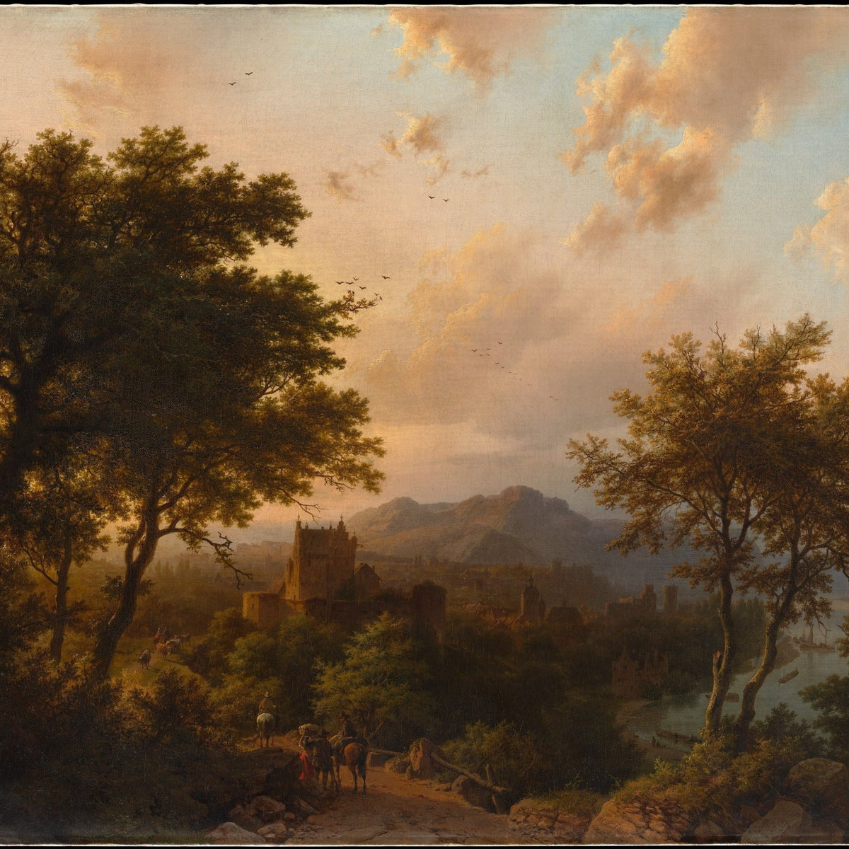 Sunset Over Rhine Valley with Castle - Landscape Oil Painting - Oil Painting Haven