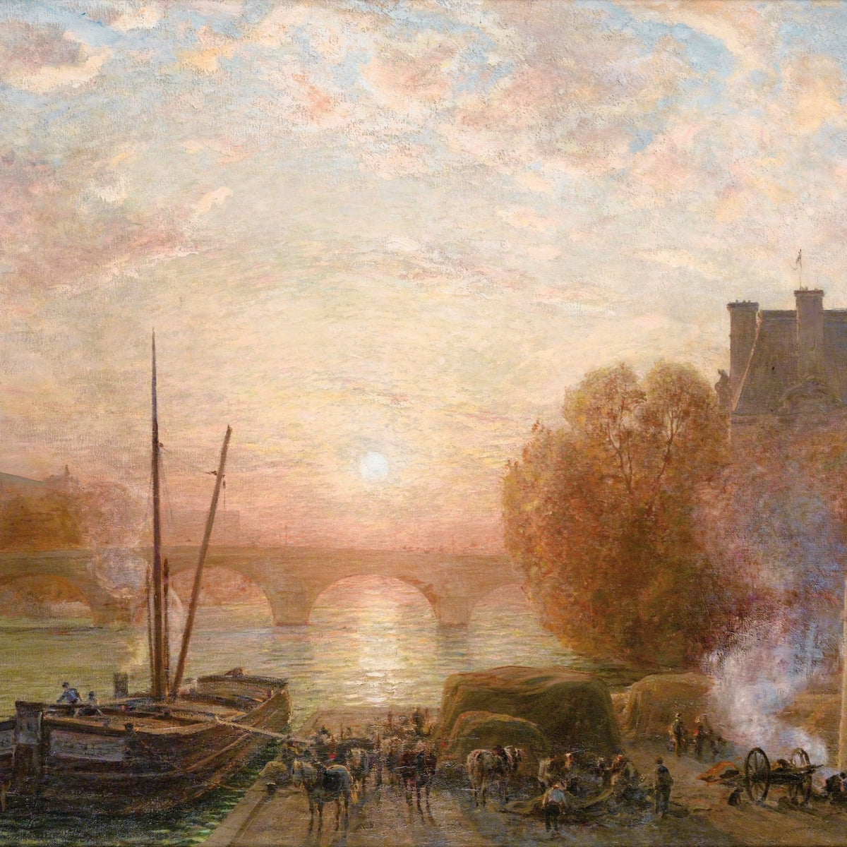 Sunset Over the River Bridge, Hand - Painted Cityscape Oil Painting - Oil Painting Haven