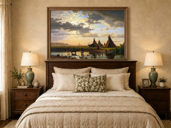 Framed hand-painted sunset river camp oil painting with tipis and riders crossing the water displayed above a wooden bed in a neutral bedroom.
