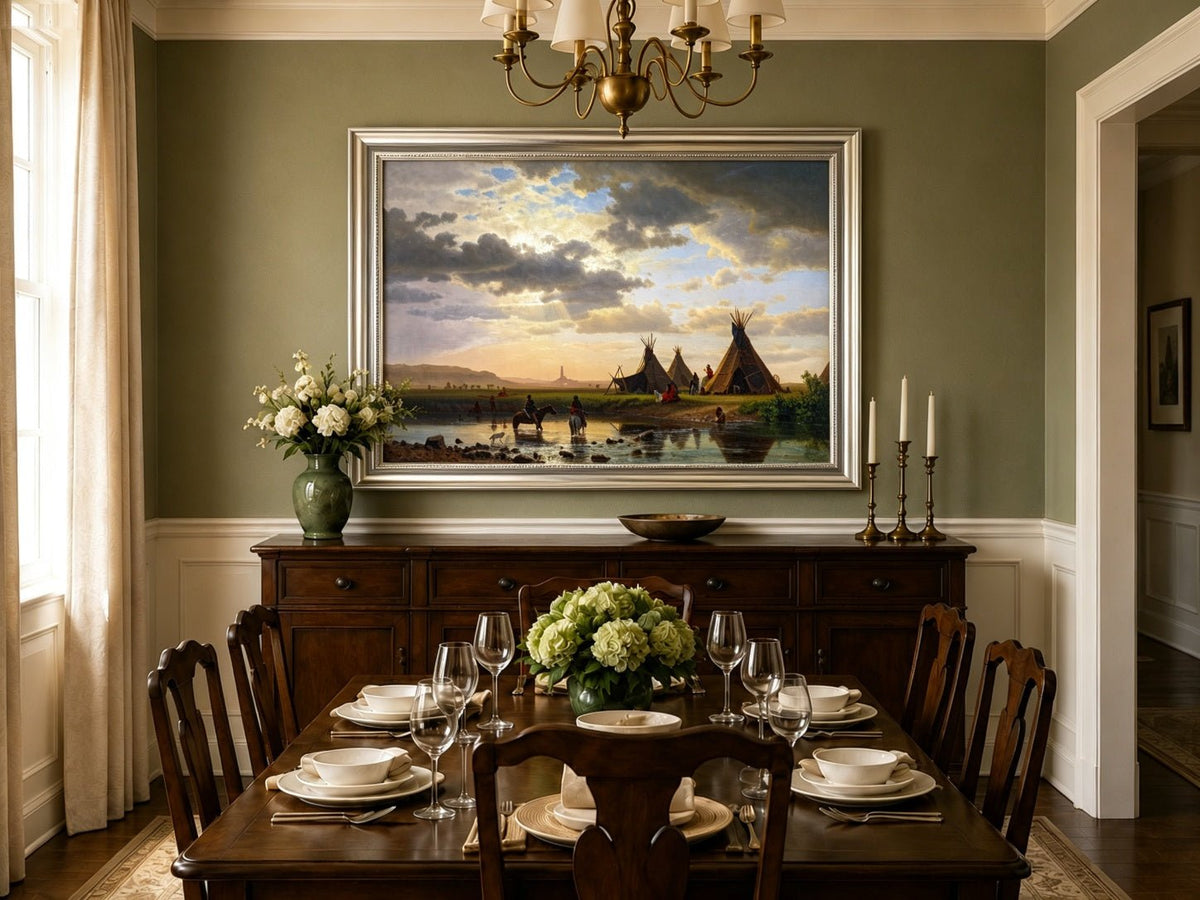 Framed hand-painted sunset river camp oil painting with tipis and riders crossing the water displayed above a formal dining table.