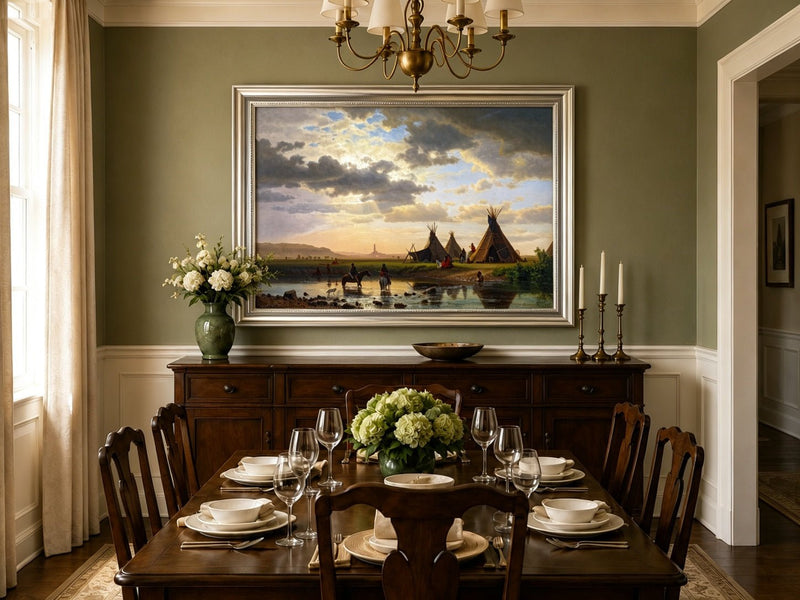 Framed hand-painted sunset river camp oil painting with tipis and riders crossing the water displayed above a formal dining table.