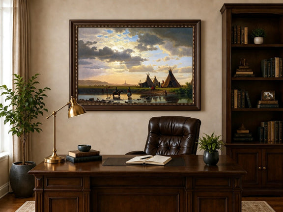 Framed hand-painted sunset river camp oil painting with tipis and riders crossing the water displayed above a traditional home office desk.