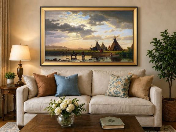 Framed hand-painted sunset river camp oil painting with tipis and riders crossing the water displayed above a neutral living room sofa.
