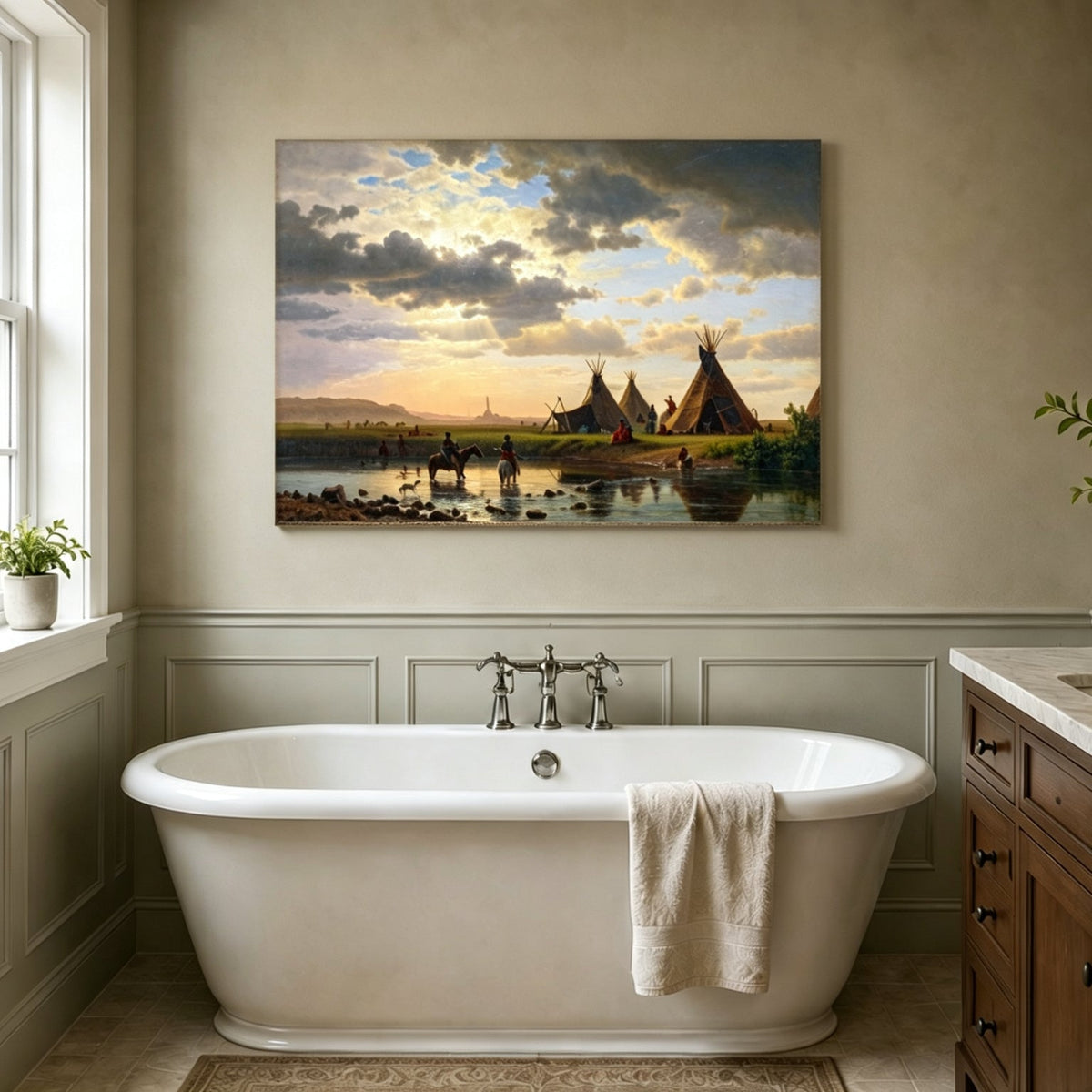 Unframed hand-painted sunset river camp oil painting with tipis and riders crossing the water displayed above a freestanding bathtub.