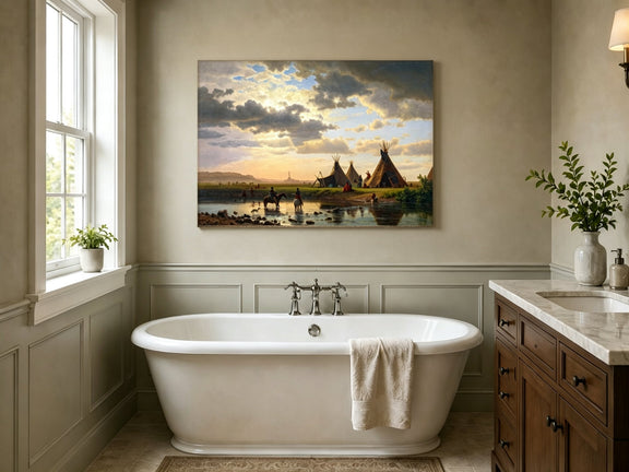 Unframed hand-painted sunset river camp oil painting with tipis and riders crossing the water displayed above a freestanding bathtub.
