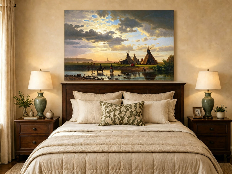 Unframed hand-painted sunset river camp oil painting with tipis and riders crossing the water displayed above a wooden bed in a neutral bedroom.