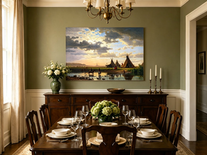 Unframed hand-painted sunset river camp oil painting with tipis and riders crossing the water displayed above a formal dining table.
