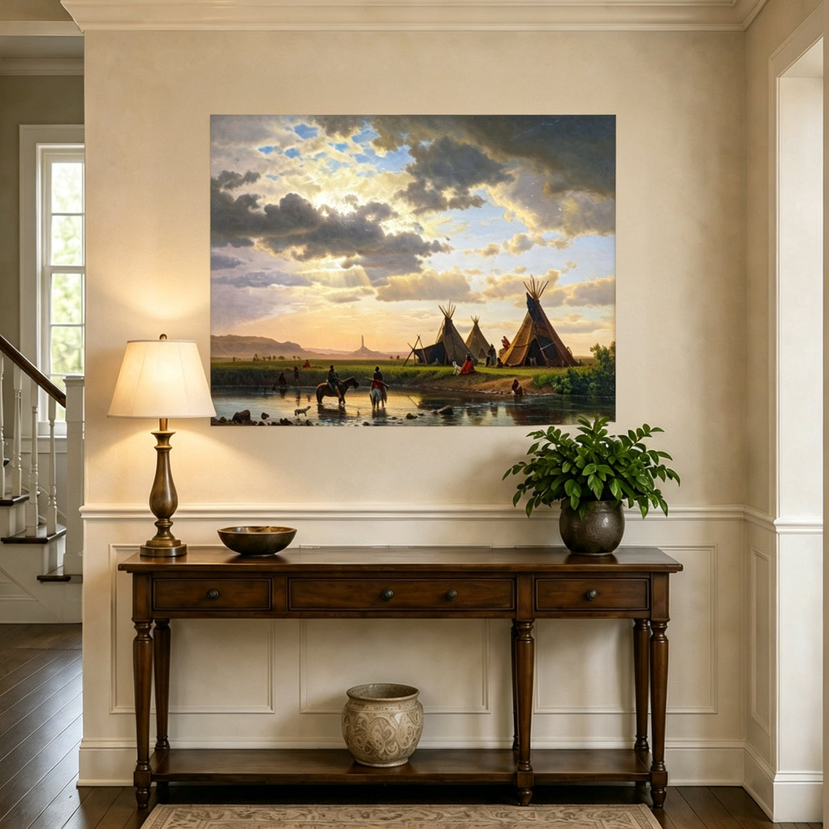 Unframed hand-painted sunset river camp oil painting with tipis and riders crossing the water displayed above an entryway console table.