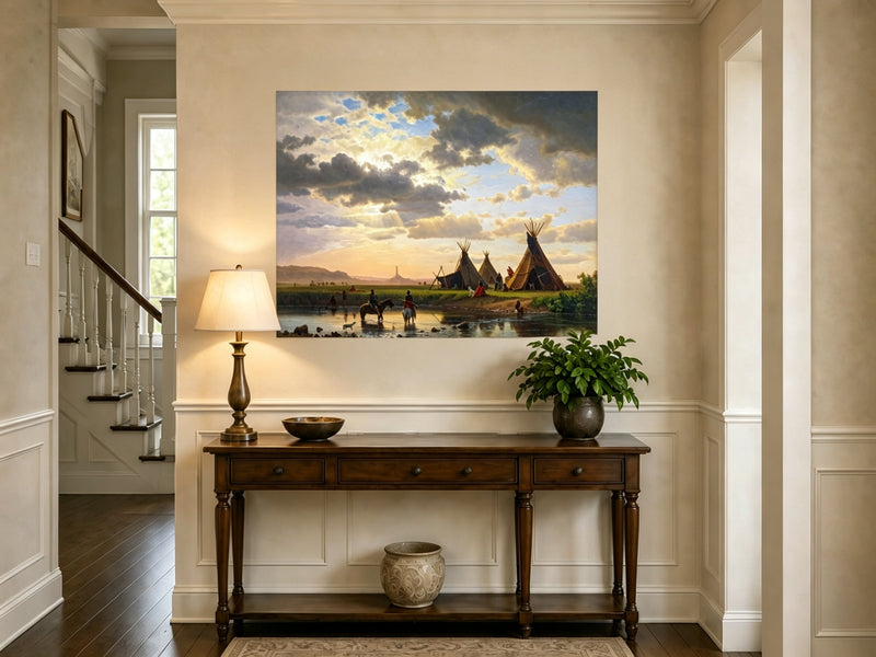Unframed hand-painted sunset river camp oil painting with tipis and riders crossing the water displayed above an entryway console table.