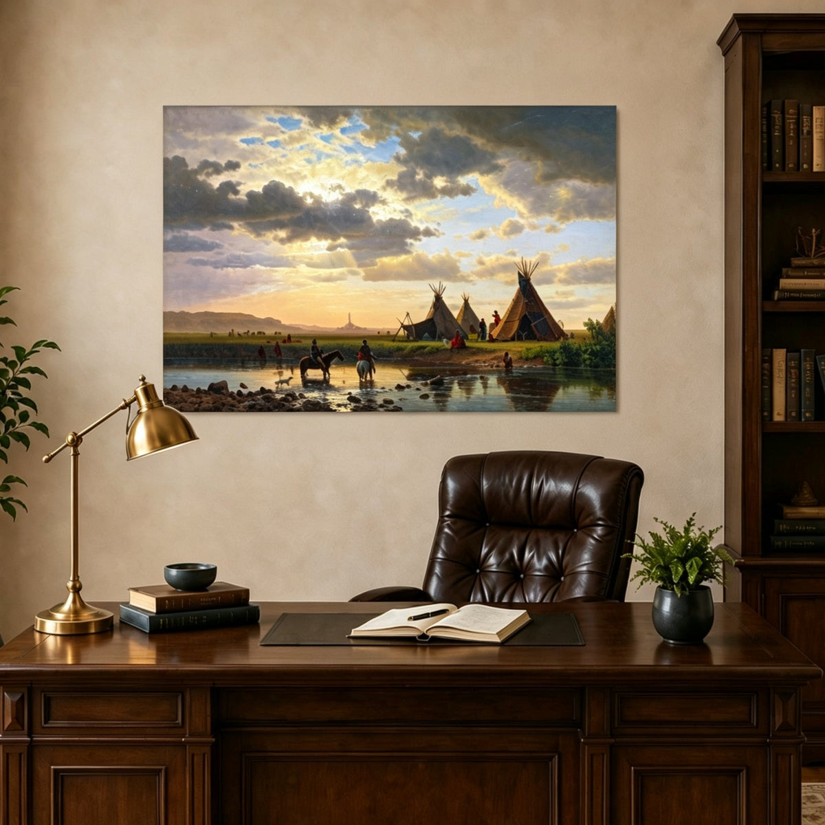 Unframed hand-painted sunset river camp oil painting with tipis and riders crossing the water displayed above a traditional home office desk.
