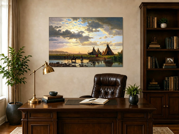 Unframed hand-painted sunset river camp oil painting with tipis and riders crossing the water displayed above a traditional home office desk.