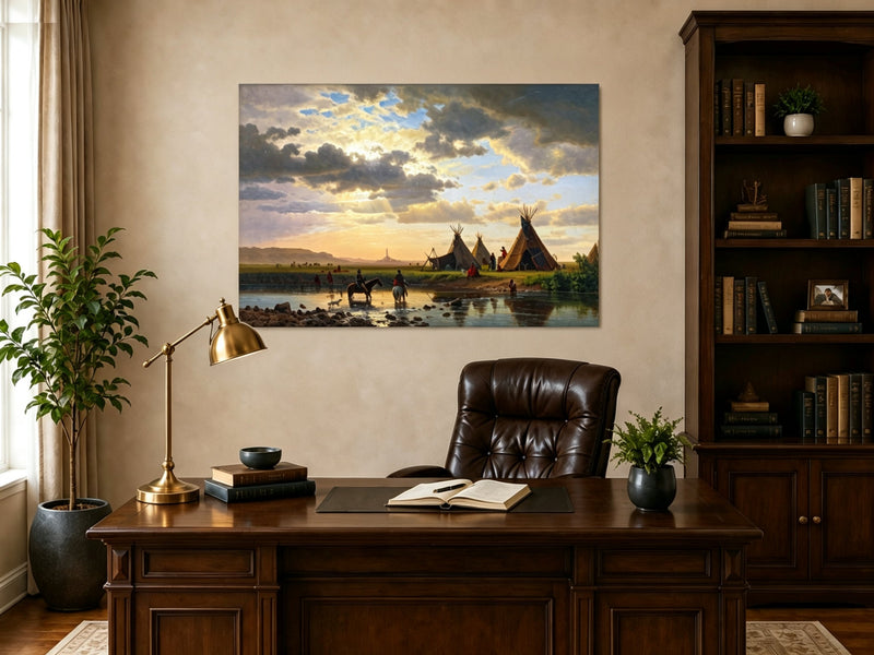 Unframed hand-painted sunset river camp oil painting with tipis and riders crossing the water displayed above a traditional home office desk.